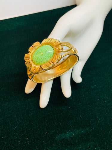 Gold and Green Flower Clamper Bracelet